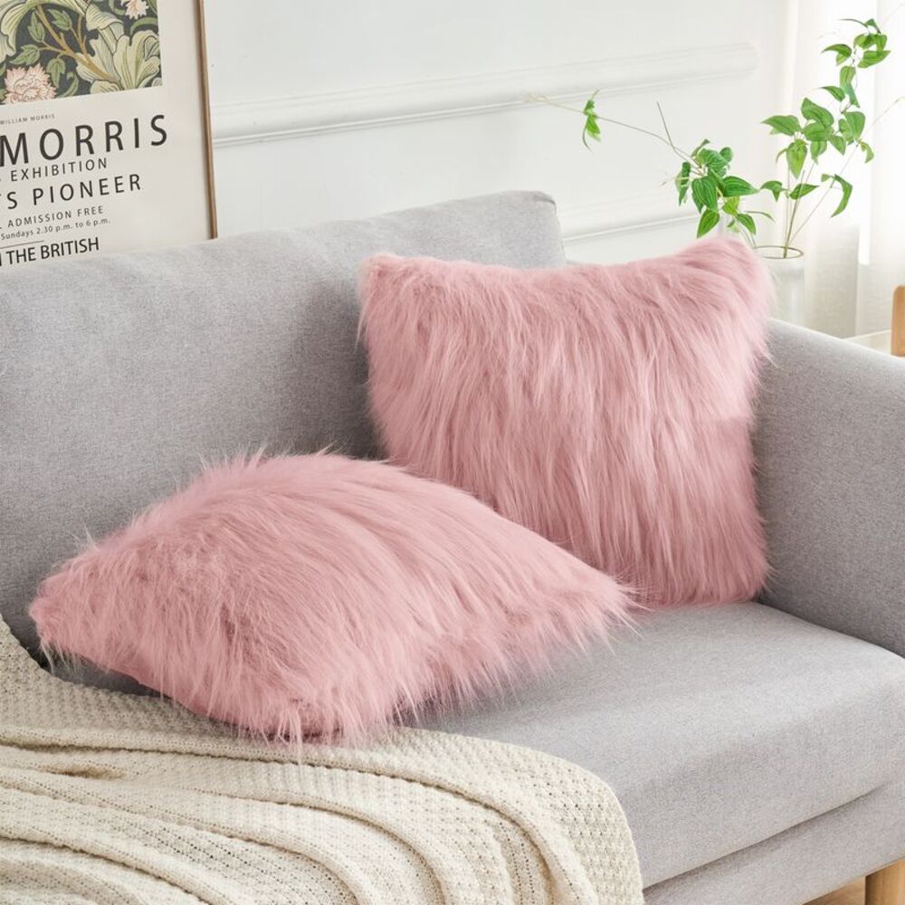 2pcs Faux Fluffy Throw Pillow Covers Long Shaggy 18 x 18 Inch Pink
